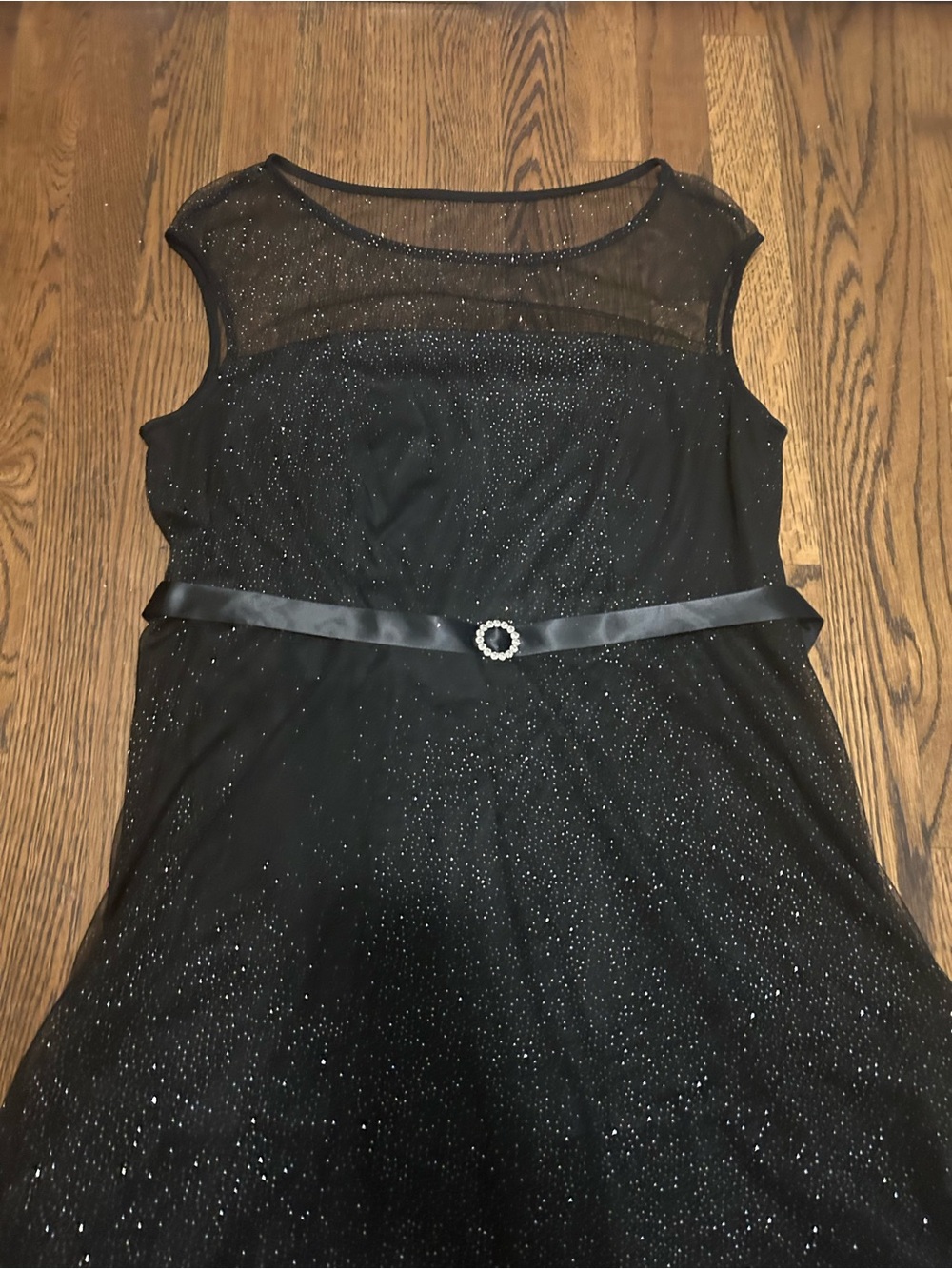 Black Sheer Yoke Midi cocktail Dress with Sparkle and Belt - Picture 4 of 8